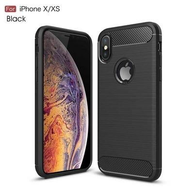 Brushed Carbon Fiber Shockproof Non-Slip Anti-Scratch Soft TPU Back Cover Protective Case for iPhone X / XS - Black