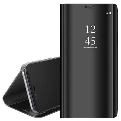 Clear View Cover Electroplated Mirror Translucent PU Leather + PC with Triangle Viewing Stand Flip Case for iPhone XR 6.1 - Black