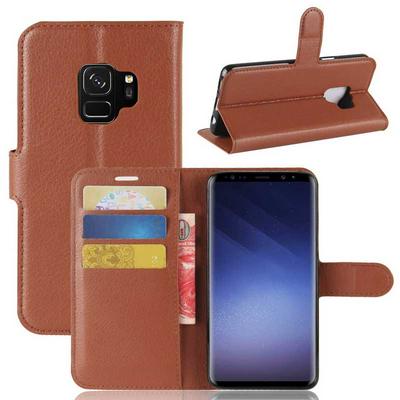 Lichee Pattern PU Leather + Soft TPU Card Holder with Adjustable Stand Support Wallet and Magnetic Buckle Case for Samsung Galaxy S9 - Brown
