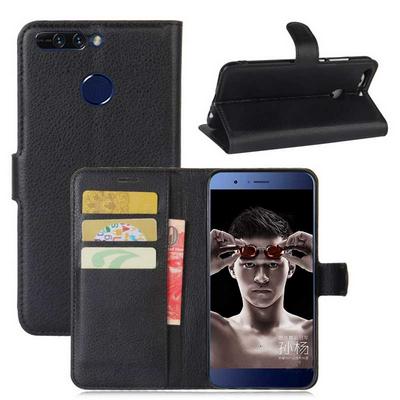 Lichee Pattern Wallet Style PU Leather + Soft TPU Card Holder with Stand and Magnetic Buckle Case for Huawei Honor 8 Pro / Honor V9 - Black