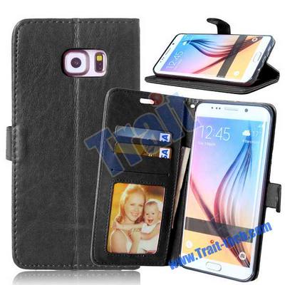 Crazy Horse Wallet Style Magnetic Flip Stand TPU+ PU Leather Caes for Samsung Galaxy S6 Edge Plus G928 - Black