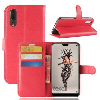Litchi Pattern Solid Color Side Flip PU Leather + Soft TPU Card Slots with Stand and Magnetic Buckle Wallet Protective Case for Huawei P20 - Red