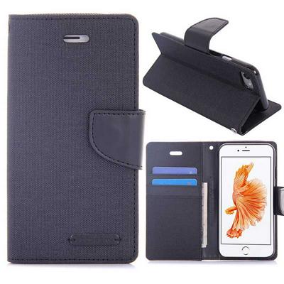 Mercury Canvas Diary Series Wallet Style Flip Card Slot Stand TPU+ PU Leather Case for iPhone 7 - Black