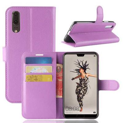 Litchi Pattern Solid Color Side Flip PU Leather + Soft TPU Card Slots with Stand and Magnetic Buckle Wallet Protective Case for Huawei P20 - Purple