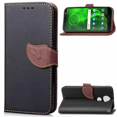 Wrist Strap PU Leather + Soft TPU Card Holder with Leaf Magnetic Buckle and Stand Support Wallet Case for Motorola Moto G6 Play - Black