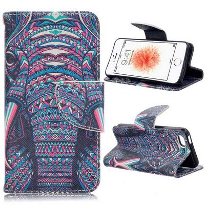 Colorful Painting Wallet Style Magnetic Flip Stand TPU+ PU Leather Case for iPhone SE iPhone 5 iPhone 5S - Ethnic Elephant