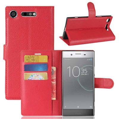 Litchi Pattern Side Flip PU Leather + Soft TPU Card Slots with Magnetic Buckle and Stand Wallet Case for Sony Xperia XZ1 - Red