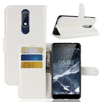 Litchi Pattern Wallet Stand Card Holder Slots PU Leather + TPU Protective Cover Case for Nokia 5.1 - White
