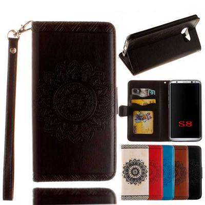 Relief Mandala Pattern with Wrist Strap Wallet  Card Holder Stand Support Picture Frame PU Leather +  TPU Phone Case for Samsung Galaxy S8 / G9500 - Black
