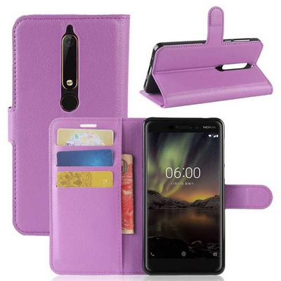 Litchi Pattern Wallet Stand Card Holder Slots PU Leather + TPU Protective Cover Case for Nokia 6 2018 - Purple