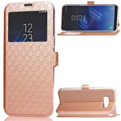 Diamond Pattern Caller ID Window Card Holder Slots with Magnetic Buckle Stand PU Leather + TPU Cover Case for Samsung Galaxy S8 / G9500 - Gold