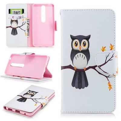 Colored Painting Card Holder Slots Wallet Style with Magnetic Buckle PU Leather + Soft TPU Case for Nokia 6 2018 -Owl