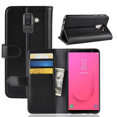 Side Flip Wallet Style Genuine Leather + Soft TPU Card Slots with Stand and Magnetic Buckle Case for Samsung Galaxy J8 2018 - Black