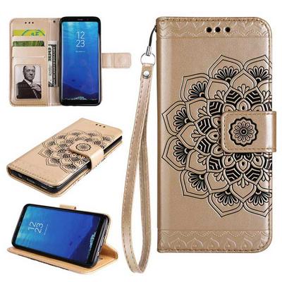 Embossed Pattern Chinese National Style Side Flip PU Leather + Soft TPU Card Slots with Hand Rope and Picture Frame Wallet Protective Case for Samsung Galaxy S8 / G9500 - Gold