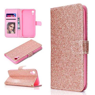 Glitter Powder Bling Side Flip PU Leather + TPU with Picture Frame Card Slots and Stand Wallet Protective Case for iPhone XR 6.1 - Rose Gold