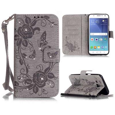 Embossed Pattern Diamond Studded Wrist Strap TPU+ PU Leather Case for Samsung Galaxy J5 - Grey