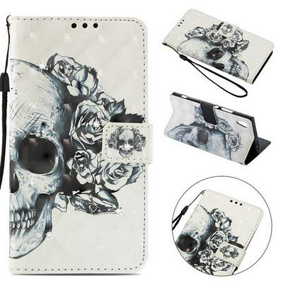 Colored Painting 3D Diamond Studded Wrist Strap PU Leather + Soft TPU Card Slots with Wallet Stand Protecting Cover Case for Sony Xperia XA1 / Z6 - Skull