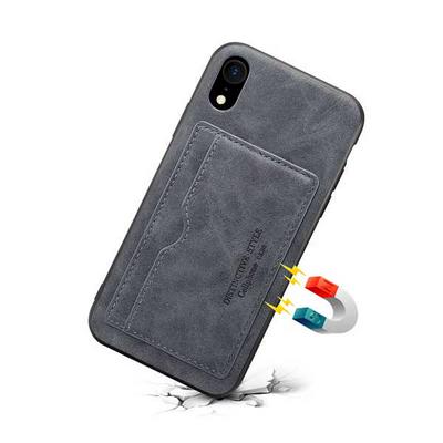 Drop Protection with Ring Stand and Card Slot PU Leather Coated PC Back Cover Phone Case for iPhone XR 6.1- Black