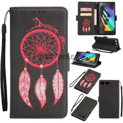 Embossed Wind Chimes Pattern TPU + PU Leather Case with Wallet Card Holder Slot Wrist Srap for Sony Xperia XZ Premium - Black