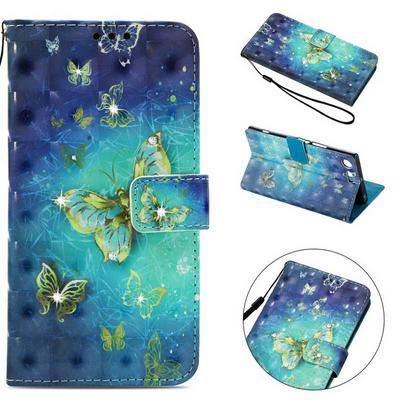 3D Color Painted Side Flip PU Leather + Soft TPU Card Slots with Wrist Strap and Magnetic Buckle Wallet Protective Case for Sony Xperia XZ Premium - Blue