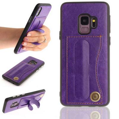 Creative with Card Slot and Hidden Kickstand Hard PC + Soft TPU Leather Coated Back Cover Protective Case for Samsung Galaxy S9 - Purple