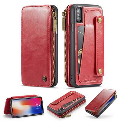 Side Flip PU Leather + Detachable TPU with Viewing Stand Card Slots Wallet Zipper Pocket Protective Case for iPhone Xs 5.8 - Red