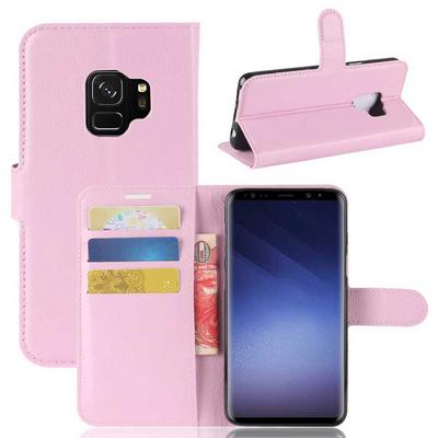 Lichee Pattern PU Leather + Soft TPU Card Holder with Adjustable Stand Support Wallet and Magnetic Buckle Case for Samsung Galaxy S9 - Pink