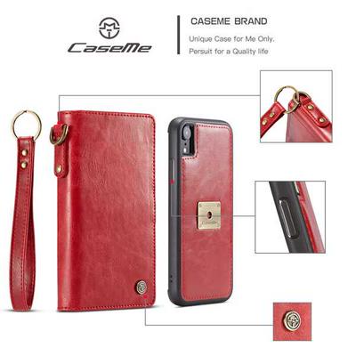 CaseMe Qin Series Wrist Strap Wallet Style Magnetic Buckle Card Slots Holder Picture Frame Detachable PC + PU Leather Cover Case for iPhone XR 6.1 - Red 