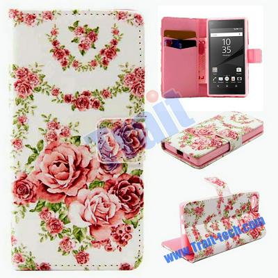 Wallet Style Magnetic Flip Stand TPU + PU Leather Case for Sony Xperia Z5 Compact Pink Roses 