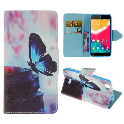 Wallet Style PU Leather + Soft TPU Card Holder with Stand and Magnetic Buckle Case for Wiko Rainbow Jam - Blue Butterfly