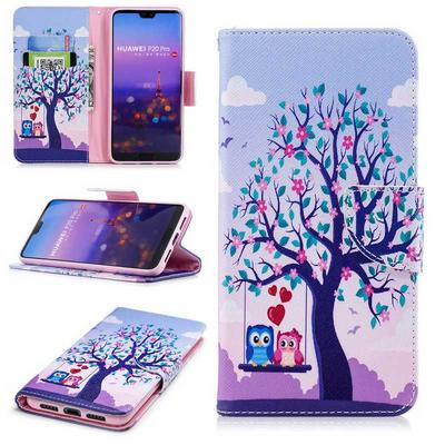 Colored Painting Card Holder Slots Wallet Style with Magnetic Buckle PU Leather + Soft TPU Case for Huawei P20 Pro - Tree