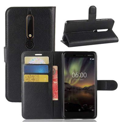 Litchi Pattern Wallet Stand Card Holder Slots PU Leather + TPU Protective Cover Case for Nokia 6 2018 - Black