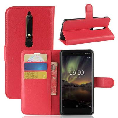 Litchi Pattern Wallet Stand Card Holder Slots PU Leather + TPU Protective Cover Case for Nokia 6 2018 - Red