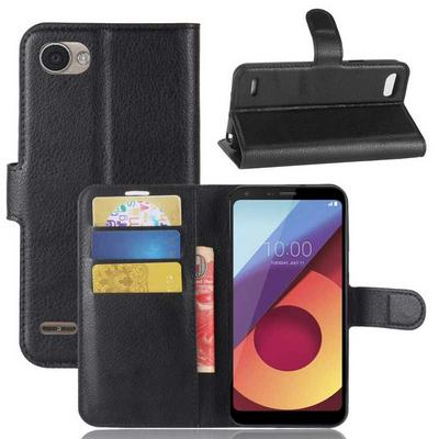 Lichee Pattern Solid Color Side Flip PU Leather + Soft TPU Card Slots with Stand and Magnetic Buckle Wallet Case for LG Q6 / Q6 Plus - Black