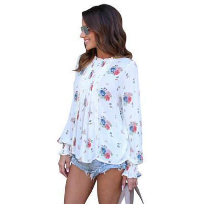 Spring and Autumn Low Collar Flower Pattern Chiffon Long Sleeve  Shirt with M L XL Size