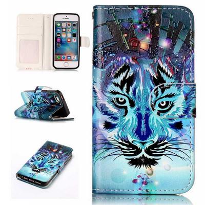 Wallet Style PU Leather + Soft TPU Card Holder with Stand and Photo Frame Case for iPhone SE 5S 5 - Tiger