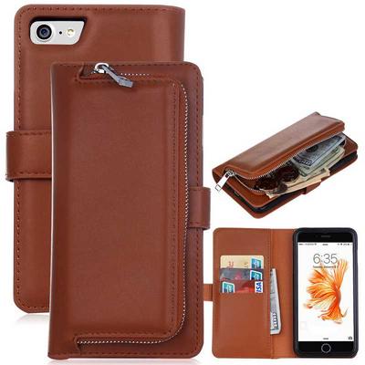 2 in 1 Wallet Style Magnetic Flip Zipper Pouch Card Slots TPU + PU Leather Case for iPhone 7 - Brown