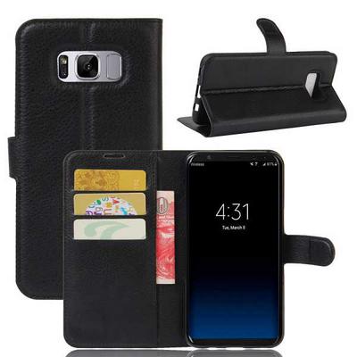 Lichee Pattern Side Flip Wallet Style PU Leather + Soft TPU Card Holder with Stand and Magnetic Buckle Case for Samsung Galaxy S8 / G9500 - Black