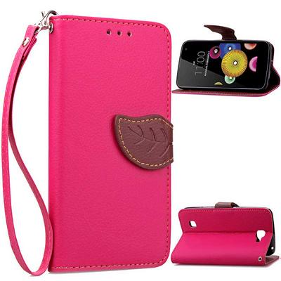 Lichee Pattern Card Holder Leaf Shape Magnetic PU Leather Case for LG K4 K120E K130E K121 - Rose Red