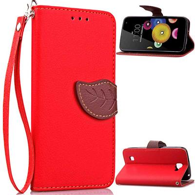 Lichee Pattern Card Holder Leaf Shape Magnetic PU Leather Case for LG K4 K120E K130E K121 - Red