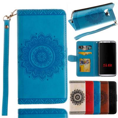 Relief Mandala Pattern with Wrist Strap Wallet  Card Holder Stand Support Picture Frame PU Leather +  TPU Phone Case for Samsung Galaxy S8 / G9500 - Blue
