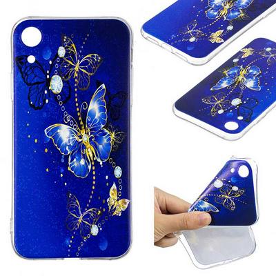 Painted High Transparent Anti-Scratch Soft TPU Back Cover Protective Case for iPhone XR 6.1 - Blue Gold Butterflies