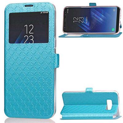 Diamond Pattern Caller ID Window Card Holder Slots with Magnetic Buckle Stand PU Leather + TPU Cover Case for Samsung Galaxy S8 / G9500 - Blue