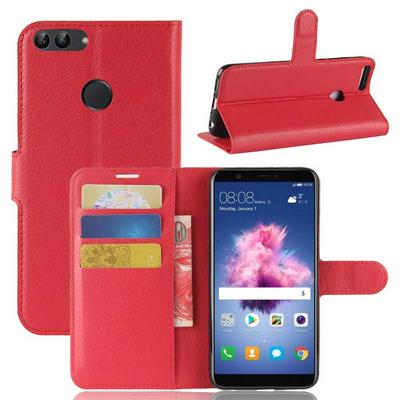 Litchi Pattern Wallet Stand Card Holder Slots PU Leather + TPU Protective Cover Case for Huawei P Smart / Enjoy 7S - Red