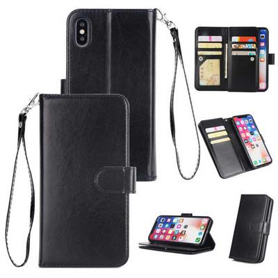 Side Flip PU Leather + Soft TPU with Strap 9 Card Slots Picture Frame Wallet Stand Support Protective Case for iPhone Xs Max 6.5 - Black