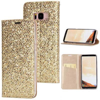 Bling Style Glitter Powder Magnetic Adsorption PU Leather + Soft TPU Hand Rope with Card Slot and Stand Protective Case for Samsung Galaxy S8 / G9500 - Gold