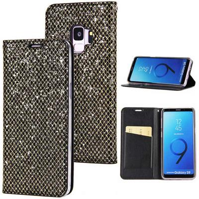 Bling Style Glitter Powder Magnetic Adsorption PU Leather + Soft TPU Hand Rope with Card Slot and Stand Protective Case for Samsung Galaxy S9 - Black 