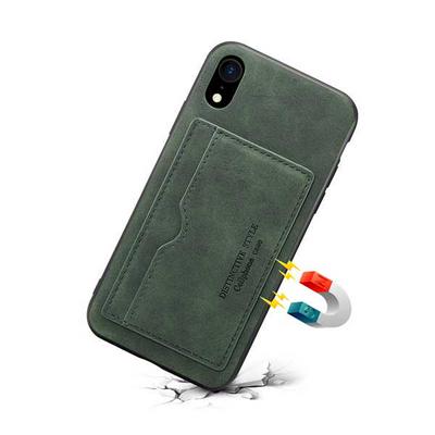 Drop Protection with Ring Stand and Card Slot PU Leather Coated PC Back Cover Phone Case for iPhone XR 6.1- Green