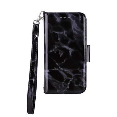 Marble Pattern Side Flip Shockproof PU Leather + Soft TPU Hand Rope with Card Slots Magnetic Buckle and Stand Wallet Protective Case for iPhone XR 6.1 - Dark Black