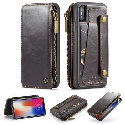 Side Flip PU Leather + Detachable TPU with Viewing Stand Card Slots Wallet Zipper Pocket Protective Case for iPhone Xs 5.8 - Brown